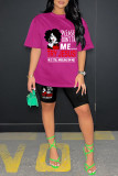 Red Casual Print Basic O Neck Short Sleeve Two Pieces