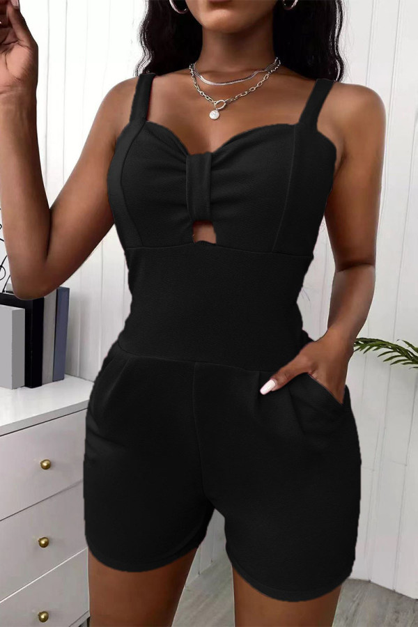 Black Casual Simplicity Solid Patchwork Cut Out Spaghetti Strap Regular Rompers