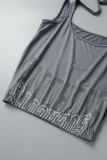 Grey Casual Street Letter Printing O Neck Two Pieces