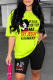 Fluorescent Green Casual Print Basic O Neck Short Sleeve Two Pieces