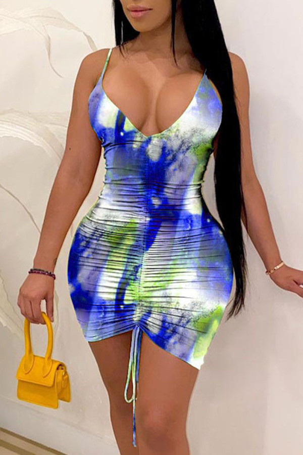 Royal Blue Sexy Casual Street Tie Dye Draw String Spaghetti Strap Pencil Skirt Dresses