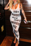 White Sexy Letter Print Patchwork See-through Asymmetrical U Neck Pencil Skirt Dresses