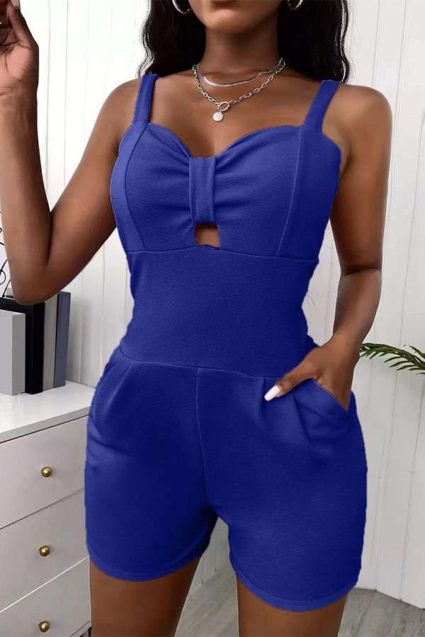 Blue Casual Simplicity Solid Patchwork Cut Out Spaghetti Strap Regular Rompers