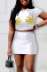 White Sexy Print Patchwork O Neck Short Sleeve Two Pieces