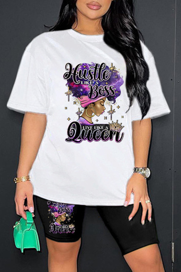 White Casual Print Basic O Neck Short Sleeve Two Pieces