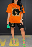 Red Casual Print Basic O Neck Short Sleeve Two Pieces