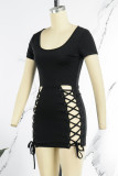 Black Sexy Casual Simplicity Solid Hollowed Out O Neck One Step Skirt Dresses