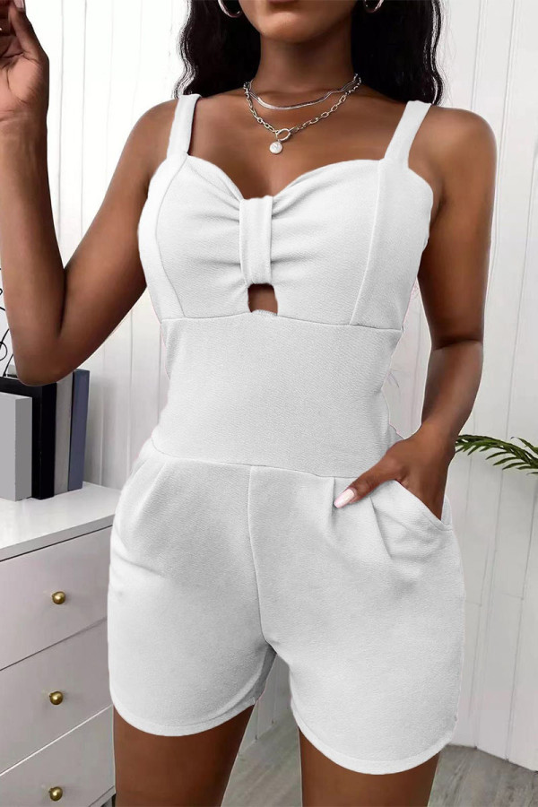 White Casual Simplicity Solid Patchwork Cut Out Spaghetti Strap Regular Rompers