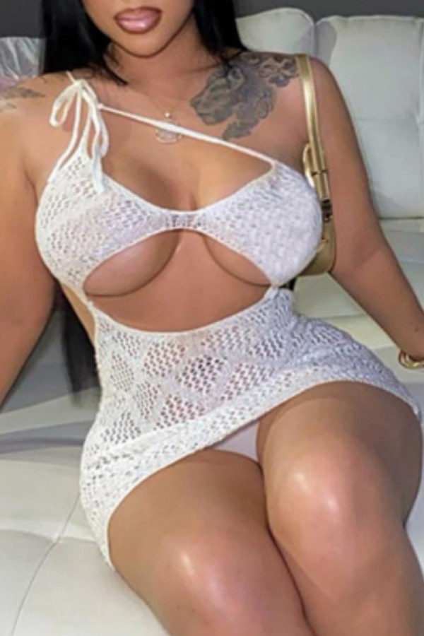 White Sexy Solid Bandage Hollowed Out Backless Oblique Collar Sleeveless Dress Dresses