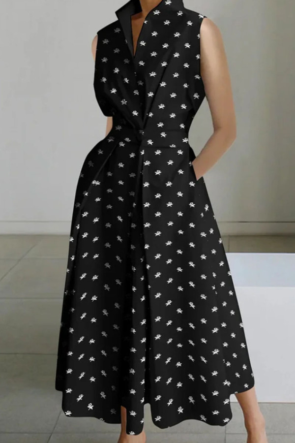 Black Casual Print Patchwork Buttons Fold Mandarin Collar A Line Dresses
