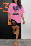 Pink Casual Print Basic O Neck Short Sleeve Two Pieces