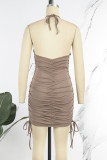 Light Coffee Sexy Solid Draw String Fold O Neck Sleeveless Dress Dresses