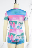 Purple Casual Street Print O Neck Short Sleeve Two Pieces