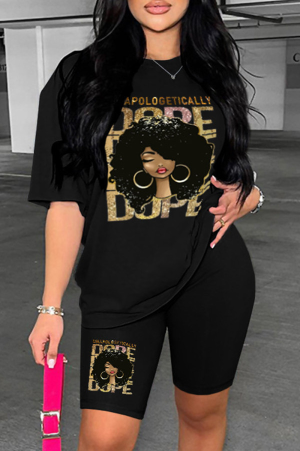 Black Casual Print Basic O Neck Short Sleeve Two Pieces