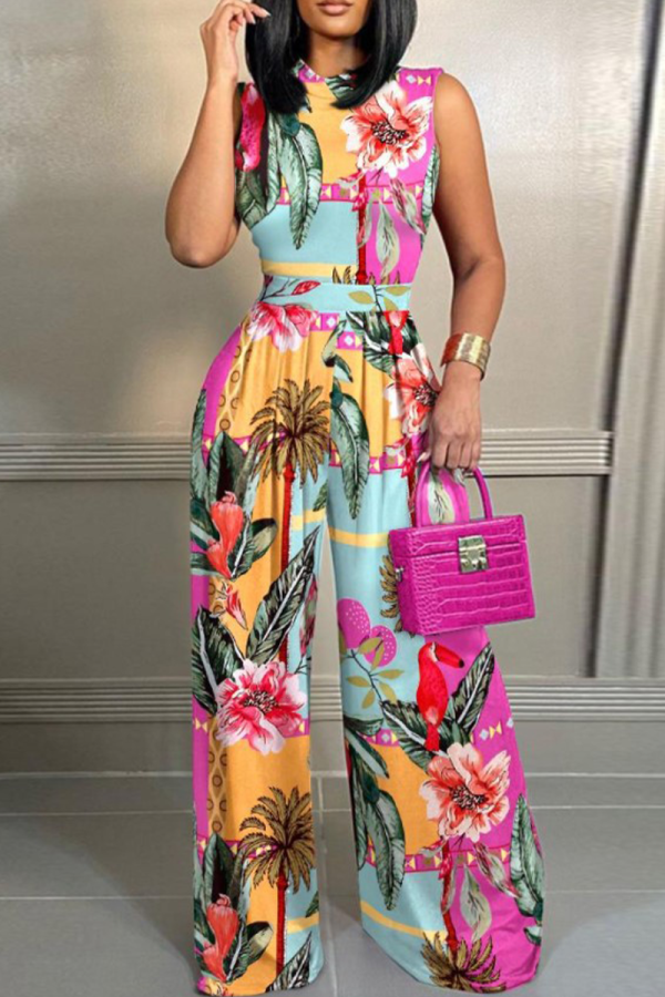Pink Casual Work Street Print O Neck Regular Jumpsuits