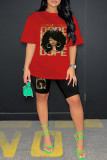 Red Casual Print Basic O Neck Short Sleeve Two Pieces