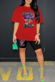 Pink Casual Print Basic O Neck Short Sleeve Two Pieces