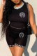 Black Street Print Patchwork O Neck Sleeveless Two Pieces