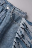 Baby Blue Casual Solid Tassel Patchwork High Waist Regular Denim Shorts