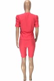Red Casual Print Letter O Neck Short Sleeve Two Pieces
