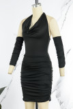 Red Sexy Casual Solid Fold Halter Pencil Skirt Dresses