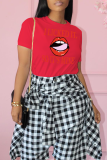 Black Street Daily Lips Printed Patchwork Letter O Neck T-Shirts