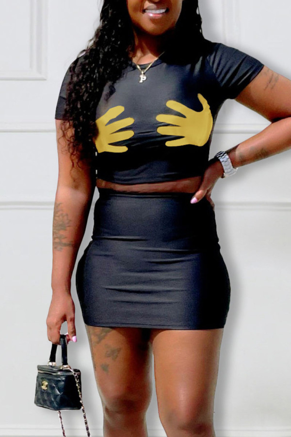Black Sexy Print Patchwork O Neck Short Sleeve Two Pieces