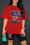 Pink Casual Print Basic O Neck Short Sleeve Two Pieces