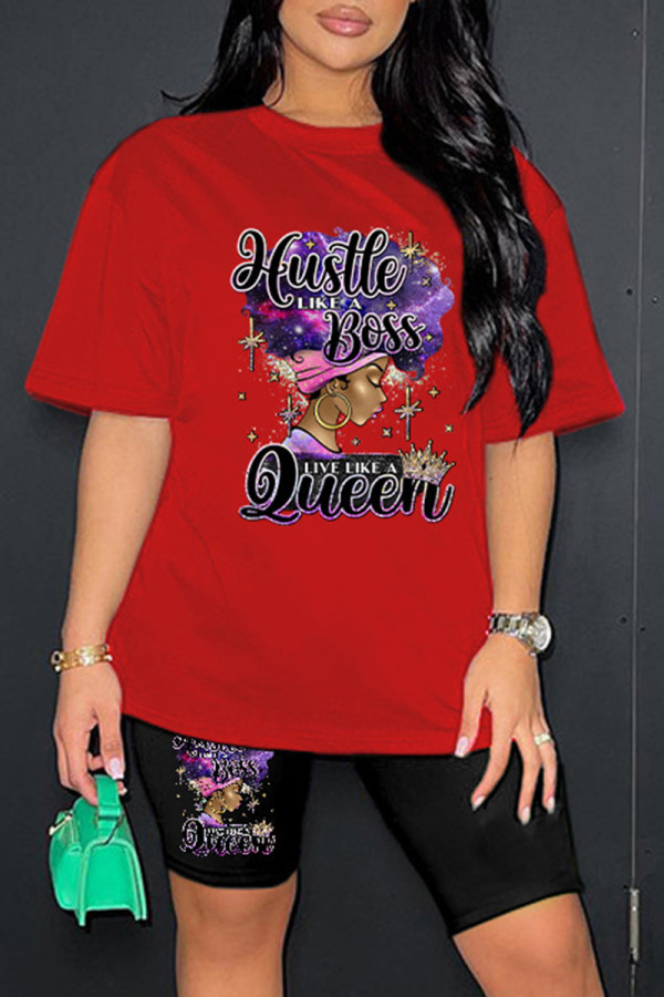 Red Casual Print Basic O Neck Short Sleeve Two Pieces
