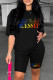 Black Casual Letter Print Basic O Neck Short Sleeve Two Pieces