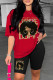 Red Casual Print Basic O Neck Short Sleeve Two Pieces