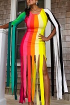Multicolor Casual Striped Print Tassel O Neck Irregular Dress Dresses