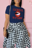 Navy Blue Street Daily Lips Printed Patchwork Letter O Neck T-Shirts