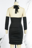 Red Sexy Casual Solid Fold Halter Pencil Skirt Dresses