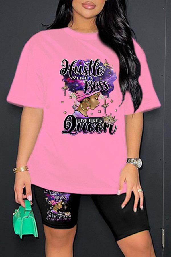 Pink Casual Print Basic O Neck Short Sleeve Two Pieces