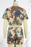 Camouflage Casual Print Patchwork Buckle Short Sleeve Two Pieces