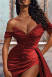 Red Sexy Elegant Solid High Opening Hot Drill Off the Shoulder Strapless Dress Dresses