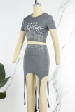 Grey Casual Street Letter Printing O Neck Two Pieces