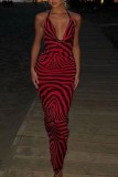 Red Sexy Print Backless Slit Spaghetti Strap Long Dress Dresses
