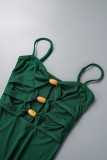 Green Sexy Solid Hollowed Out Backless Spaghetti Strap Long Dress Dresses