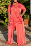 Watermelon Red Casual Street Solid Patchwork Pocket V Neck Loose Jumpsuits