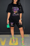 Pink Casual Print Basic O Neck Short Sleeve Two Pieces