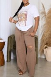 White Casual Print Basic O Neck T-Shirts