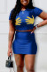 Blue Sexy Print Patchwork O Neck Short Sleeve Two Pieces
