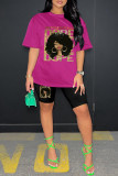 Red Casual Print Basic O Neck Short Sleeve Two Pieces