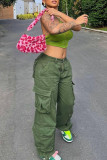 Green Sexy Street Solid Pierced Strap Design Halter High Waist Tops