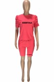 Red Casual Print Letter O Neck Short Sleeve Two Pieces