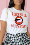 Grey Street Daily Lips Printed Patchwork Letter O Neck T-Shirts