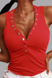 Red Casual Street Solid Buttons V Neck Tops