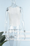 White Sexy Solid Hollowed Out Sequins Patchwork O Neck Tops